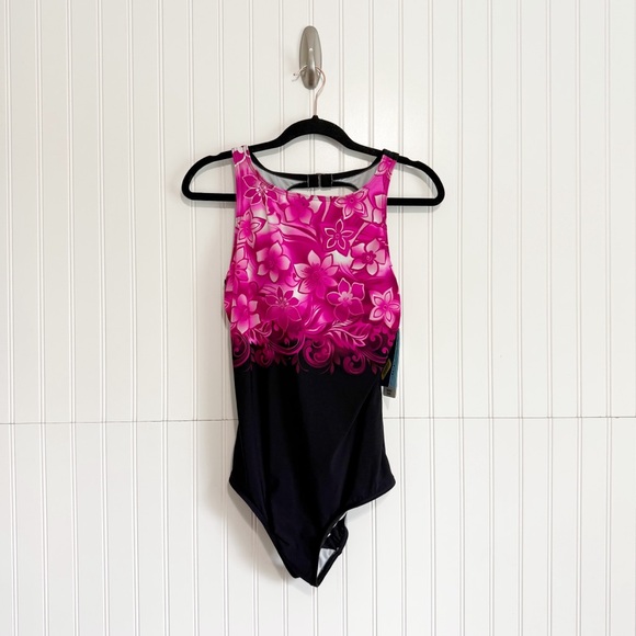 Reebok Women’s Size 12 Pink and Black Floral One Piece Swimsuit - Picture 1 of 4